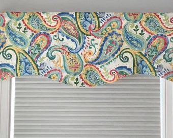 Paisley print Window valance, custom  scalloped lined window valance, window curtain, multicolor valance, white, Blue, Green, Yellow, Red