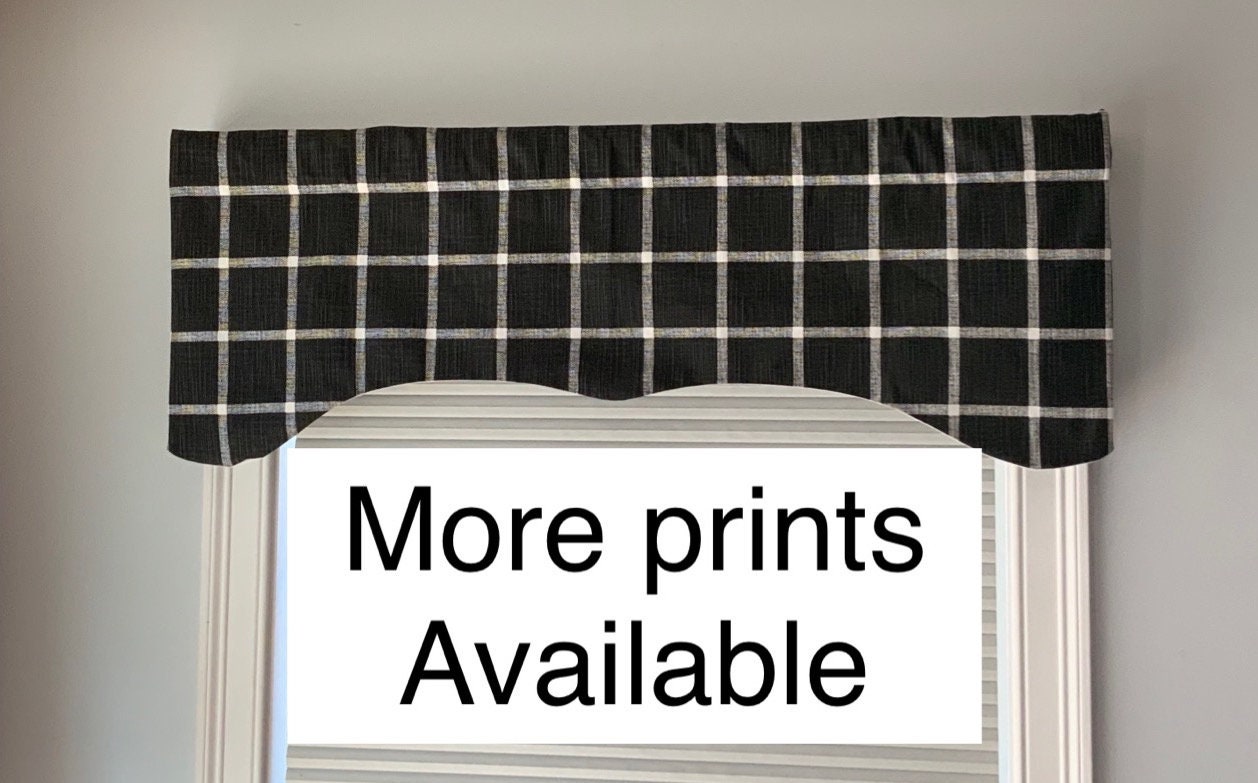 black and white valance,decorative valance, window curtain, scalloped style. Black and white, lined black and white valance