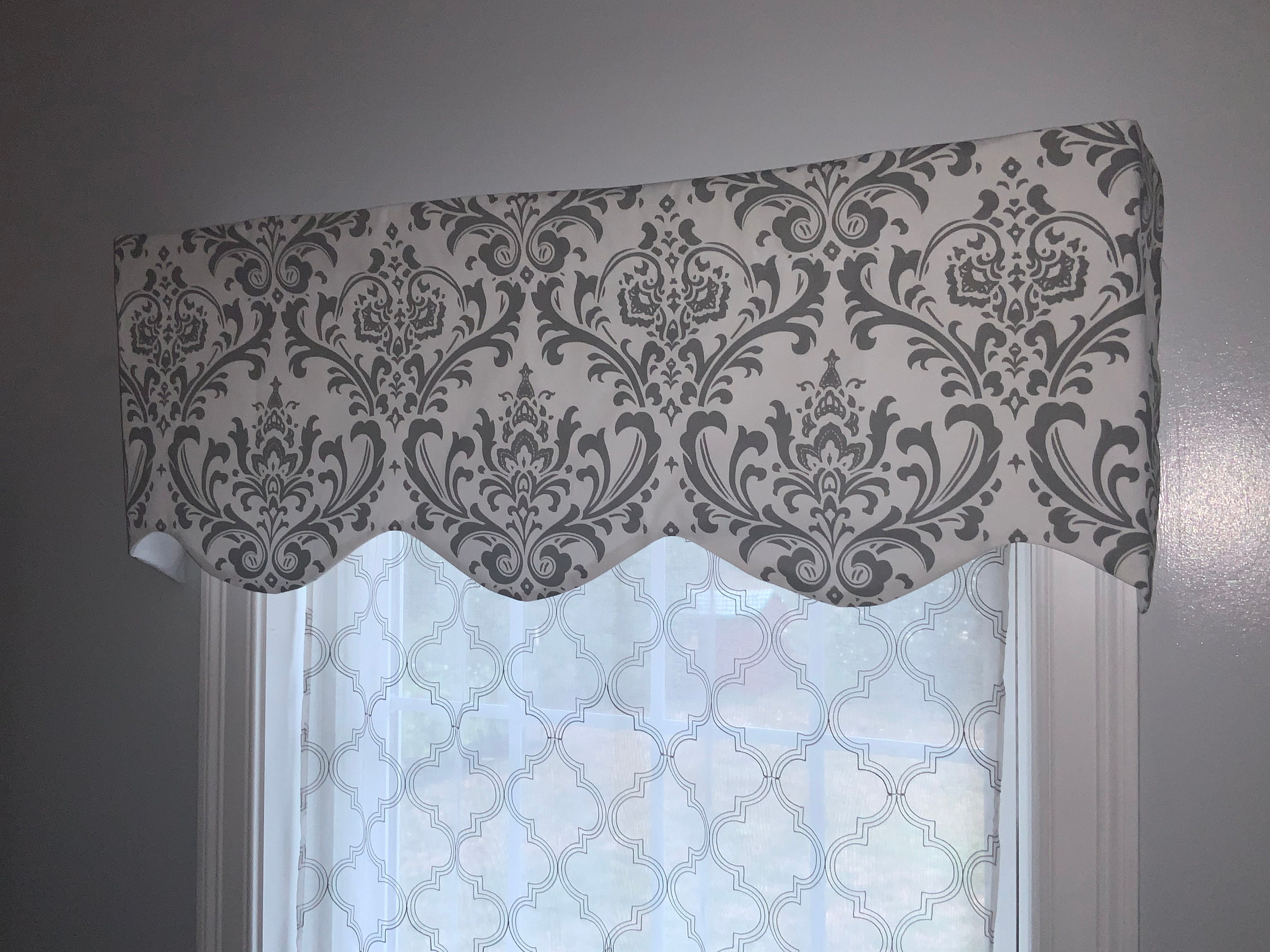 Gray Damask Window Valance, Scalloped Curtain, Custom Made - Etsy