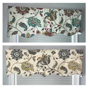Jacobean Shaped lined Valance, Up to 52 inches wide x 16 inches long,Scalloped window valance, classic valance, Soft colors Window valance