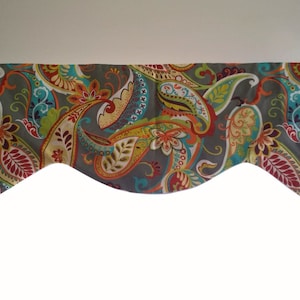 Lined valance, Covington Whimsy Paisley Mardi Gras Window valance, kitchen, bedroom, bathroom valance, green, Gray, Blue, Yellow, 50x 16