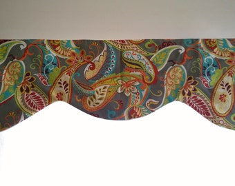 Lined valance, Covington Whimsy Paisley Mardi Gras Window valance, kitchen, bedroom, bathroom valance, green, Gray, Blue, Yellow, 50x 16