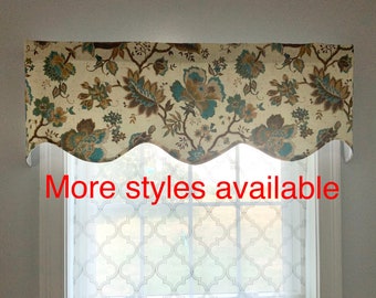 Window valance, turquoise valance, scalloped valance, floral valance, brown valance, olive valance, decorative valance, window treatment