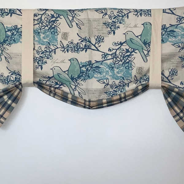 Tie up bird valance, Blue, Teal and natural valance, farmhouse valance, custom valance 42 inches wide x 23 inches long.