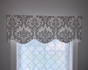 Gray Damask Window Valance, Scalloped Curtain, Custom Made