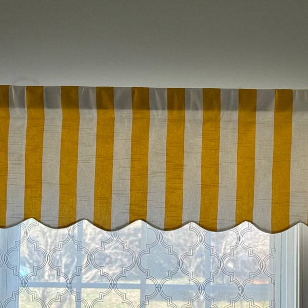 Striped Window valance, Yellow and White valance, all color striped valances, 52 inches wide x 16 inches long valance, custom shaped valance