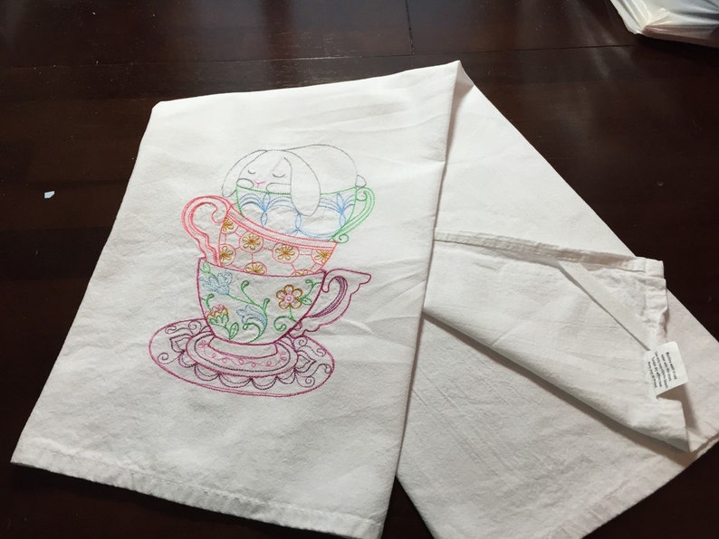 Teacup Bunny Embroidered Flour Sack Towel Made to Order Etsy