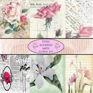 May include: A digital collage kit featuring vintage floral illustrations. The kit includes images of roses, magnolias, and other flowers in various colors and styles. The kit is perfect for scrapbooking, card making, and other paper crafts.