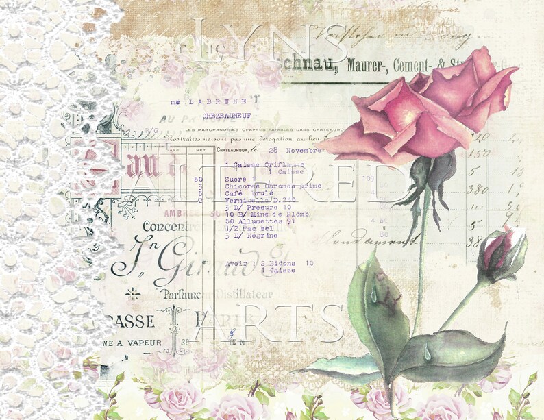 May include: A vintage-style image featuring a pink rose with green leaves and a bud. The background is a faded, cream-colored paper with handwritten text in German and French. The text includes the words "Schnau, Maurer, Cement & S" and "28 Novembre".
