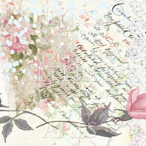 May include: A vintage-style floral print with a handwritten note overlayed with lace. The text reads "Good Butler Bulls for h wish enly wering you x get lomit p ning you y".