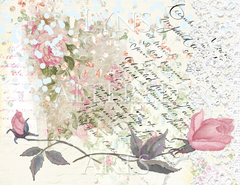 May include: A vintage-style floral print with a handwritten note overlayed with lace. The text reads "Good Butler Bulls for h wish enly wering you x get lomit p ning you y".