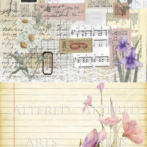 May include: A vintage-inspired collage featuring a variety of elements, including flowers, music notes, and handwritten text. The collage is set against a background of lined paper and lace. The text in the image reads "ALTERED ARTS".