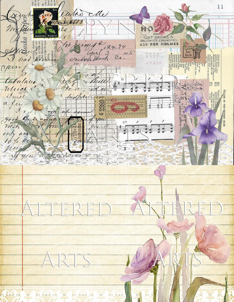 May include: A vintage-inspired collage featuring a variety of elements, including flowers, music notes, and handwritten text. The collage is set against a background of lined paper and lace. The text in the image reads "ALTERED ARTS".