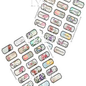 May include: Twenty-one printable floral-themed gift tags with black borders and white text. The tags feature words like "Love", "Family", "Kindness", "Create", "Journal", "Grace", "Authentic", "Peaceful Heart", "Memories", "Happy", "Whimsical", and "Friendship".