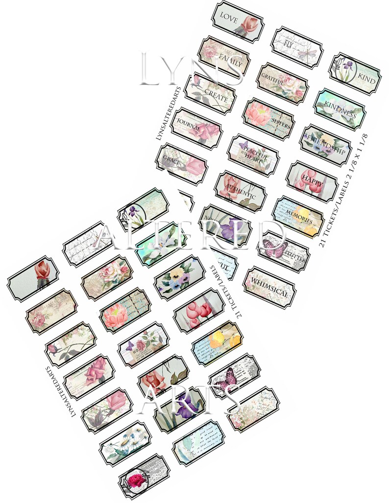 May include: Twenty-one printable floral-themed gift tags with black borders and white text. The tags feature words like "Love", "Family", "Kindness", "Create", "Journal", "Grace", "Authentic", "Peaceful Heart", "Memories", "Happy", "Whimsical", and "Friendship".