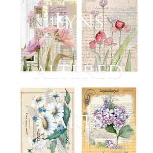 May include: Four digital collage sheets featuring watercolor floral illustrations on vintage paper backgrounds. The images include pink and red flowers, white daisies, and purple hydrangeas.