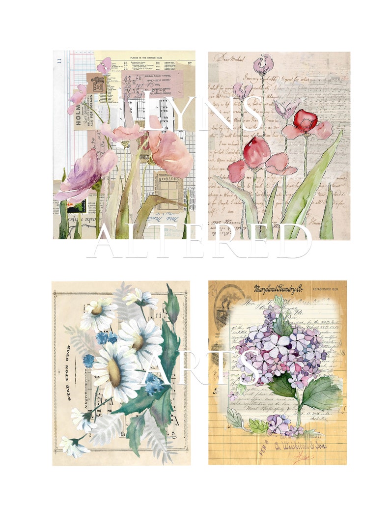 May include: Four digital collage sheets featuring watercolor floral illustrations on vintage paper backgrounds. The images include pink and red flowers, white daisies, and purple hydrangeas.