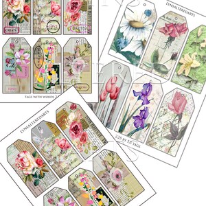 May include: A set of 10 printable gift tags featuring floral designs and words like "love", "grateful", "bloom", and "kind". The tags are 2.25 inches by 5.5 inches.
