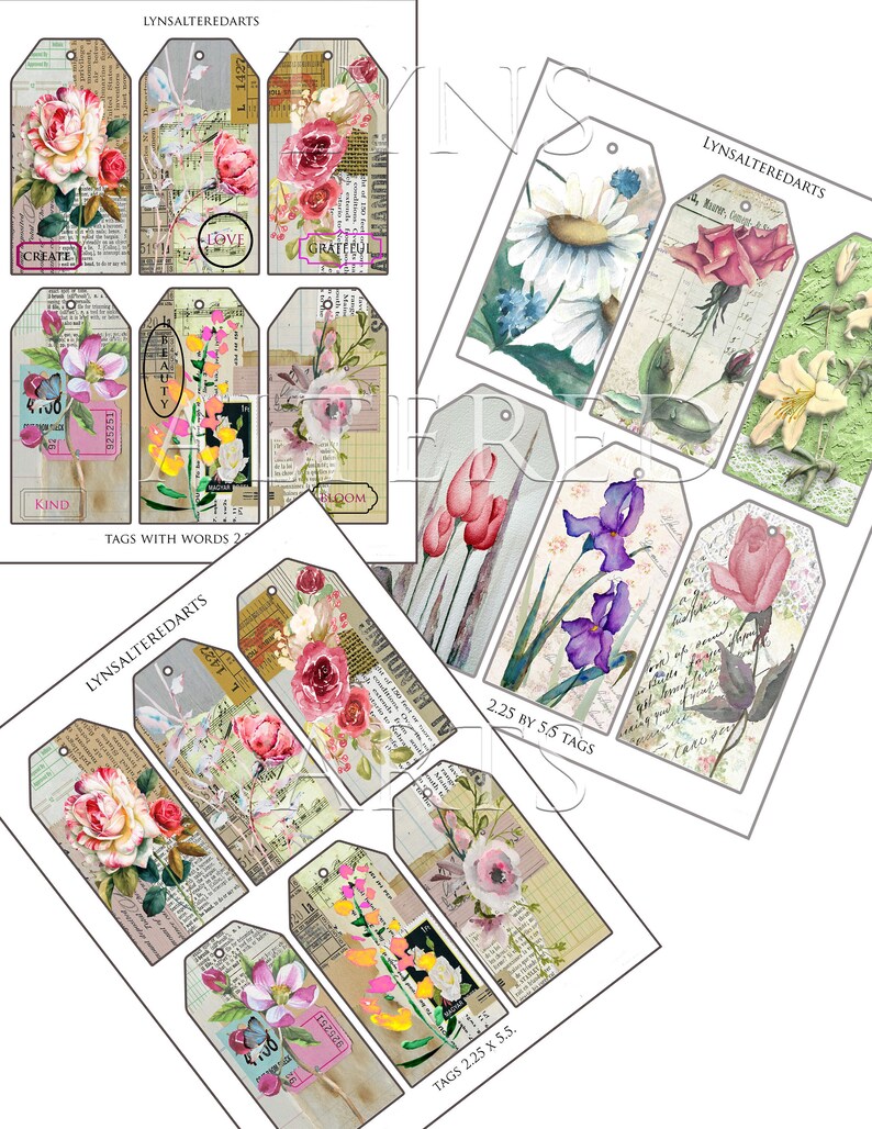 May include: A set of 10 printable gift tags featuring floral designs and words like "love", "grateful", "bloom", and "kind". The tags are 2.25 inches by 5.5 inches.