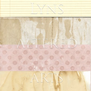 May include: A collage of four different textured papers with the text "LYNS ALTERED ARTS" in white lettering. The top paper is lined, the second is brown with white splotches, the third is pink with white polka dots, and the bottom is a light brown with darker brown streaks.