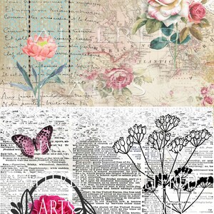 May include: A vintage collage featuring a map with text in French, a butterfly, and pink roses. The text reads "Aux freces lardoi notre foi. Notre amite brute chen toi."