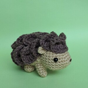 May include: A crocheted hedgehog toy with brown and beige yarn. The hedgehog has a brown spiky back and a beige face with black eyes.