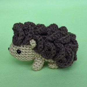 May include: A brown and beige crocheted hedgehog toy with black eyes. The hedgehog is standing on a green surface.