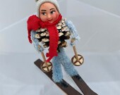 Vintage 1960 39 s Christmas PineCone and Pipe Cleaner quot Skier quot Tree Ornament -Made in Italy - 4 quot tall