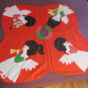 Vintage 70's Christmas Tree Skirt 4- Applique Angels with Embroidery Beautiful 52" round