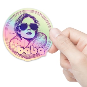 Bi Babe Holographic Sticker – Bisexual Pride Sticker, LGBTQ+ Retro Queer Art, Vinyl Sticker for Laptop, Journal, Water Bottle