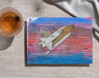 Surreal Space Shuttle Postcards: Boy's Cosmic Dream, Mixed Media Art (10-Pack)