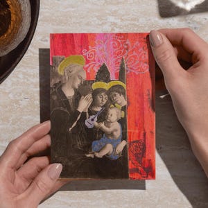Ensemble de cartes de voeux Holy Family Remix - Bébé avec guitare, tigre et auréoles - Impression collage surréaliste sur papier mat écologique (paquet de 10)