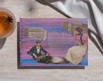 Surreal Collage Art Card Set: Vintage Ephemera, Sea Lion & Skull - Handmade, Pack of 10