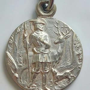 1/2&quot; Vintage St Hubert of Liege Medal—Small Round French Catholic Patron Saint of Hunters/Hunting Pendant Signed Tschudin—Deer with Cross