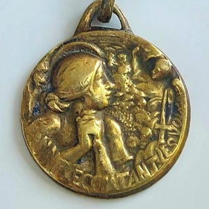 3/4&quot; Joan of Arc Hearing Voices Medal—Small Round Antique French Catholic Patron Saint of France + Angel Necklace Pendant/Charm Signed CL