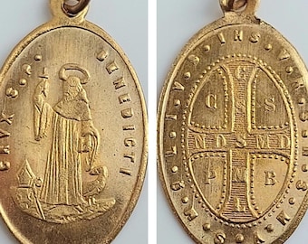 THIN Antique Brass St Benedict Medal—Small Vintage French Catholic Benedictine/Nursia Patron Saint Pendant Medallion/Protection Against Evil