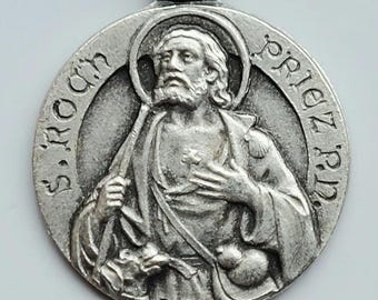 5/8" Vintage St Roch Medal—Montpellier Bachelor/Pilgrim Patron Saint + Pet Dog—Round French Catholic Necklace Pendant/Medallion Signed Penin