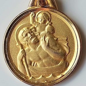 15mm Gold-Plated St Christopher Medal Signed Oria 9--Round Vintage/Antique French Catholic Necklace Pendant w Patron of Saint of Travelers
