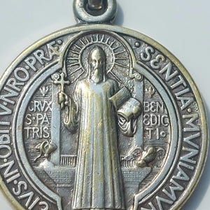 1" St Benedict Jubilee Medal—Large Round Vintage French Catholic Benedictine Monk + Patron Saint of Students Necklace Pendant/Medallion