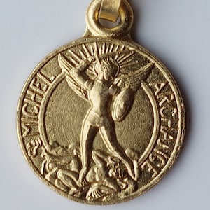 1/2&quot; Goldtone St Michael the Archangel Medal: NOS Gold-Coloured Round Vintage French Catholic Pendant w/ Patron Saint of Police, Military