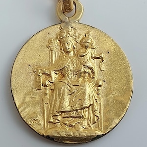AS-IS 11/16&quot; Rolled Gold Scapular Medal: Sacred Heart & Our Lady of Mount Carmel Small Round Vintage French Catholic FIX Necklace Pendant