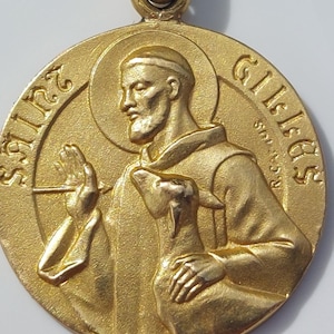 St Giles Gold-Plated Meda—Patron of Blacksmiths + Beggars Saint Gilles/San Gil Round Vintage/Antique French Catholic Pendant Signed Camus