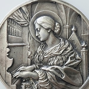 40mm St Cecilia of Rome Medal Signed Kissing + Pope Pius X 1884-1909 Jubilee—Large French Catholic Patron Saint of Music/Musicians Medallion