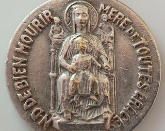 3/4" OLO Good Death Medal // Round Vintage Necklace Pendant w Notre-Dame du Bien-Mourir, Mère de Toutes Grâces, "Je Désire un Prêtre" ID