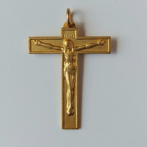 1 1/2" Thin Vintage Plated French Crucifix: NOS New Old Stock Geometric Art Deco Blocky/Chunky ~Tau Latin Cross Pendant w INRI