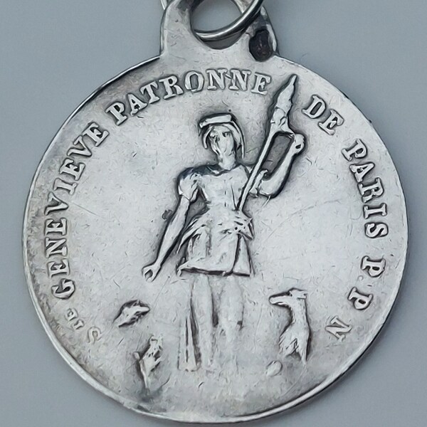 1/2" St Genevieve Medal w Our Lady of Grace: Small Round Vintage/Antique Catholic Pendant w Patron Saint of Paris, Against Disasters/Fevers