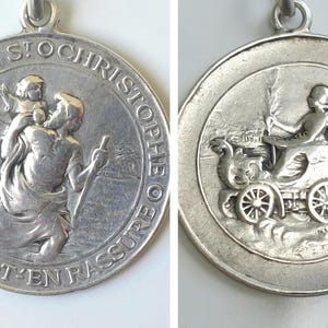 Antique St Christopher Medal—Chariot Driving Lady + Cyclist—Large Round Vintage French Catholic Traveler/Motorist Patron Saint Pendant Charm