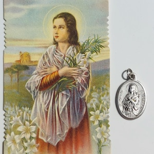 St Maria Goretti Medaille + Gebetskarte: Vintage Oval Anhänger Medaille / Charm || Schutzpatronin der Jungen Frauen, Konfirmationsgeschenk für Opfer von Übergriffen