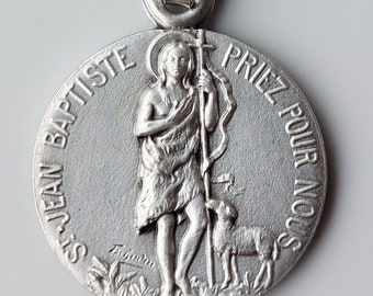 5/8&quot; St John the Baptist Medal Signed Tschudin: Small Round Patron Saint NOS Necklace Pendant Medallion w Lamb, Staff, Banner, Camel Robe