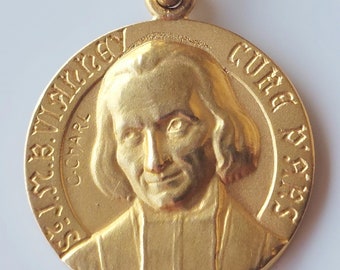 St John Vianney Gold-Plated Medal Signed C Charl--Vintage Catholic Necklace Pendant w Priest Patron Saint Curé d'Ars Jean-Marie Vianney